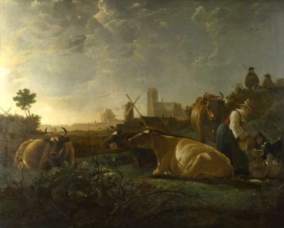 A distant view of Dordrecht, with a milkmaid and four cows, and other figures, known as 'The large Dort'