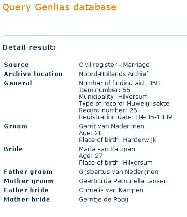 Marriage listing for Gerrit van Nederijnen and Maria van Kampen on Genlias